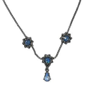 1928 Vintage Gothic Blue Crystal Dark Gunmetal Floral Y-Drop Necklace Choker